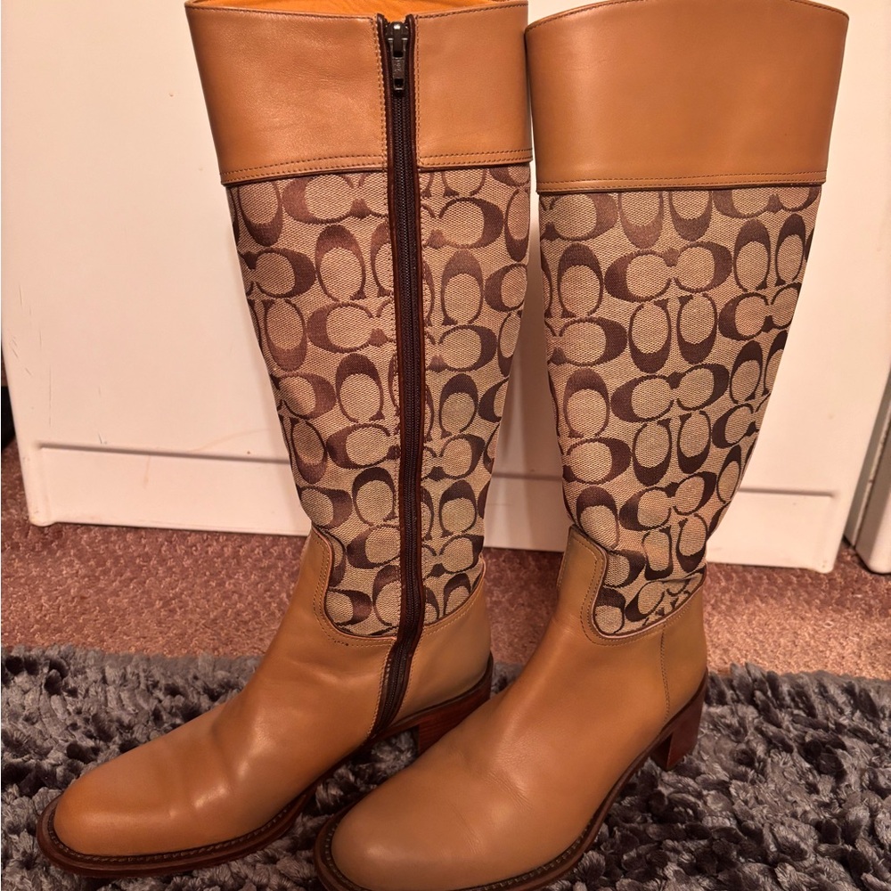 Coach Tan and Brown Patterned Heeled Boots